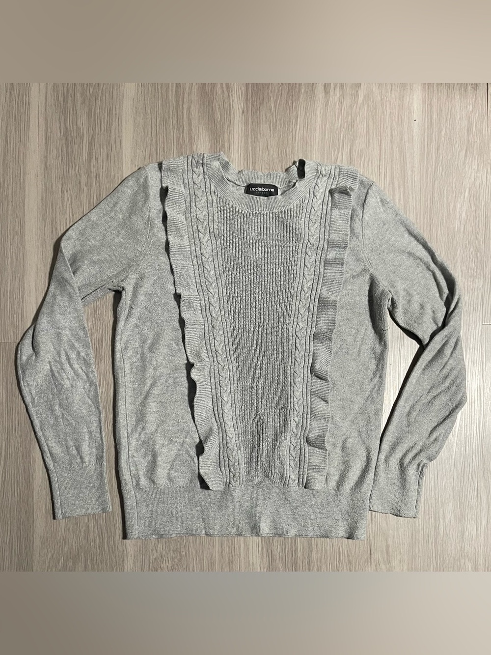 Liz Claiborne Women's Gray Ruffle Cable-Knit Sweater
